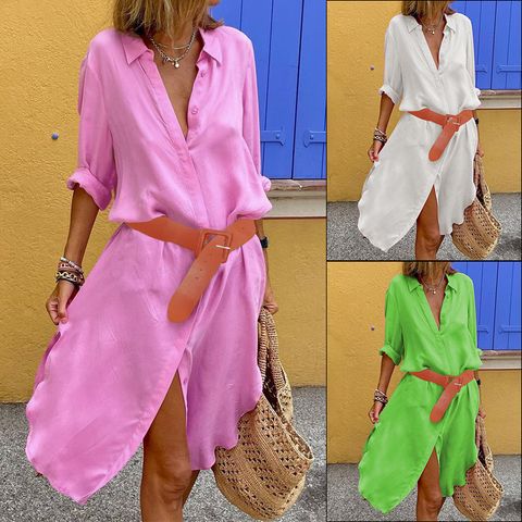 Women's Shirt Dress Casual Elegant Turndown Long Sleeve Solid Color Knee-Length Holiday Daily