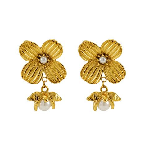 1 Pair Cute Queen Bridal Flower Plating 304 Stainless Steel Artificial Pearls 18K Gold Plated Drop Earrings