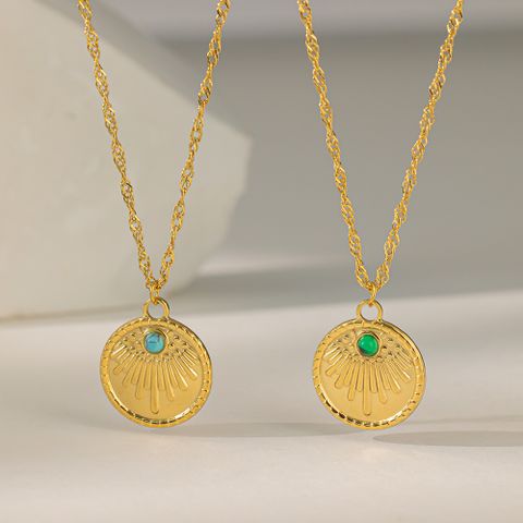 Wholesale Jewelry Casual Simple Style Commute Round 304 Stainless Steel Malachite Turquoise Resin 18K Gold Plated Polishing Inlay Pendant Necklace