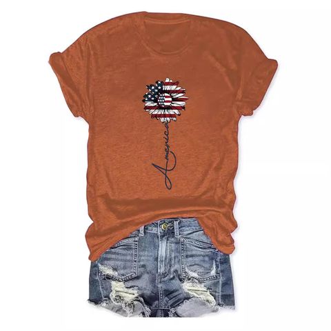 Women's T-shirt Short Sleeve T-Shirts Printing Streetwear American Flag Daisy