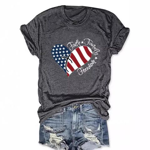 Women's T-shirt Short Sleeve T-Shirts Printing Streetwear Heart Shape American Flag