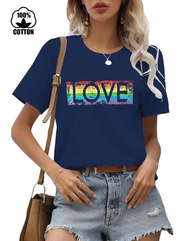 Women's T-shirt Short Sleeve T-Shirts Printing Streetwear Letter Rainbow