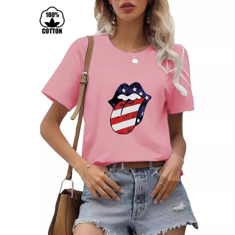 Women's T-shirt Short Sleeve T-Shirts Printing Streetwear Mouth American Flag
