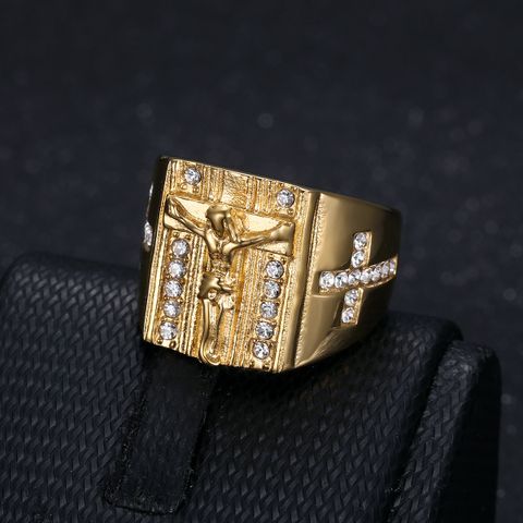 Hip-Hop Retro Solid Color Titanium Steel Inlay Zircon Men's Rings