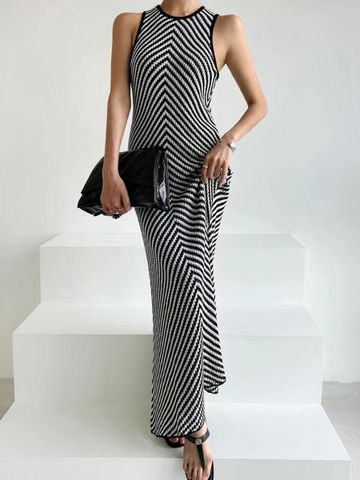 Women's Sheath Dress Simple Style Round Neck Sleeveless Stripe Maxi Long Dress Casual Street
