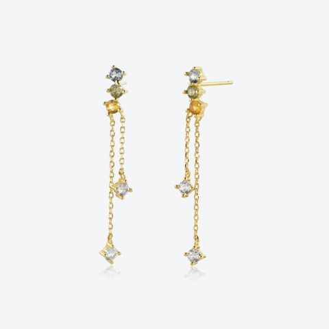 1 Pair IG Style Simple Style Geometric Chain Inlay Sterling Silver Zircon 18K Gold Plated Drop Earrings