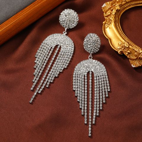 1 Pair Elegant Luxurious Bridal Solid Color Tassel Alloy Rhinestones Silver Plated Drop Earrings