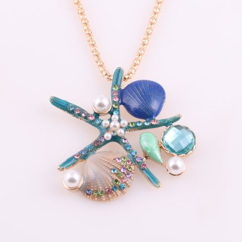 Beach Starfish Shell Alloy Inlay Rhinestones Pearl Women's Keychain Necklace