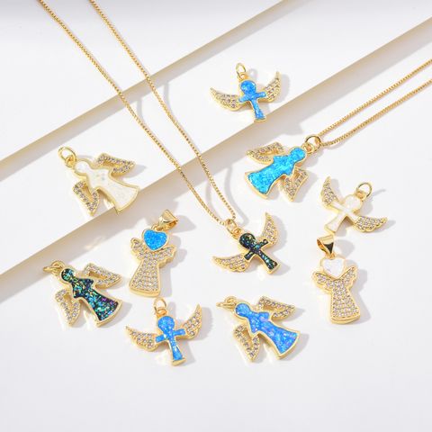 Copper 18K Gold Plated Simple Style Classic Style Enamel Inlay Cross Angel Heart Shape Zircon Pendant Necklace