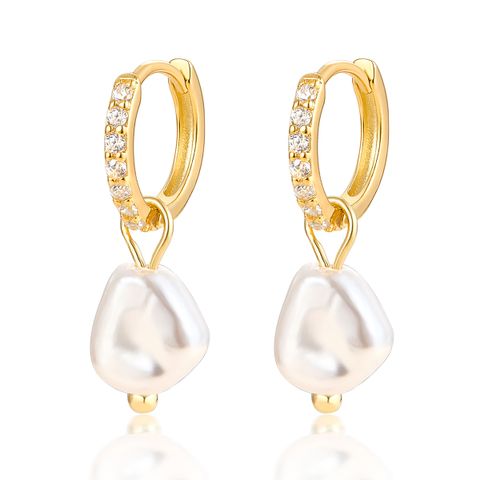 1 Pair Simple Style Classic Style Pearl Plating Inlay Freshwater Pearl Sterling Silver Freshwater Pearl Pearl Zircon White Gold Plated Gold Plated Drop Earrings