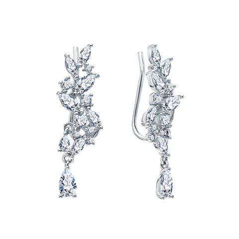 1 Pair Princess Sweet Leaf Water Droplets Inlay Sterling Silver Zircon White Gold Plated Ear Cuffs