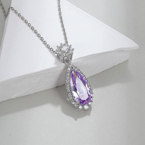 Copper White Gold Plated Elegant Lady Inlay Water Droplets Artificial Crystal Zircon Pendant Necklace