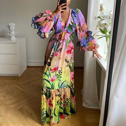 Women's Swing Dress Casual Pastoral Plunging Neck Printing Long Sleeve Flower Maxi Long Dress Holiday