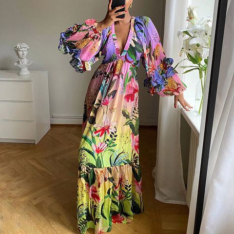 Women's Swing Dress Casual Pastoral Plunging Neck Printing Long Sleeve Flower Maxi Long Dress Holiday