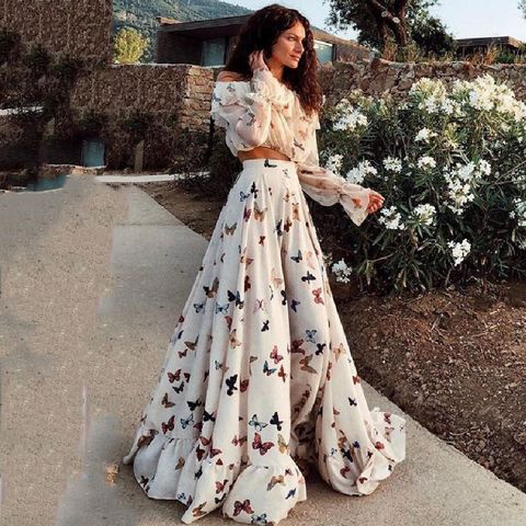 Women's Swing Dress Elegant Vintage Style Boat Neck Printing Long Sleeve Butterfly Maxi Long Dress Holiday Travel