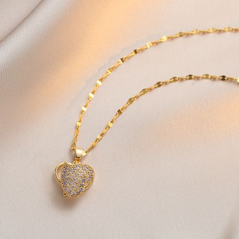 Wholesale Jewelry Lady Simple Style Heart Shape Titanium Steel Diamond Diamond Pendant Necklace