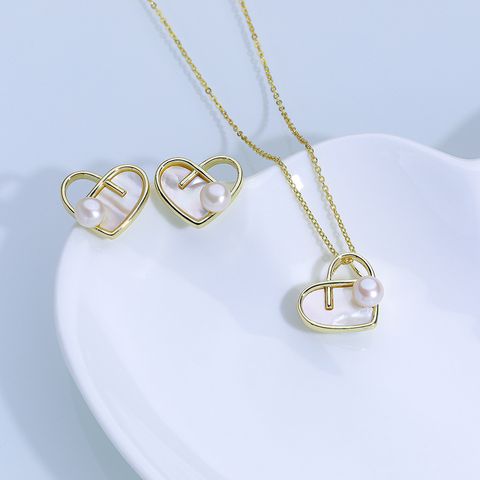 Freshwater Pearl Sterling Silver Copper Simple Style Plating Heart Shape Freshwater Pearl Jewelry Set