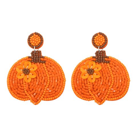 1 Pair Cute Sweet Pumpkin Leaves Flower Cloth Seed Bead Drop Earrings