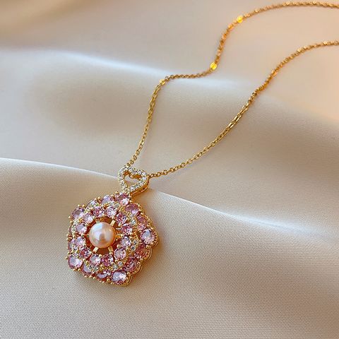 Wholesale Jewelry Simple Style Flower Titanium Steel Freshwater Pearl Diamond Pendant Necklace