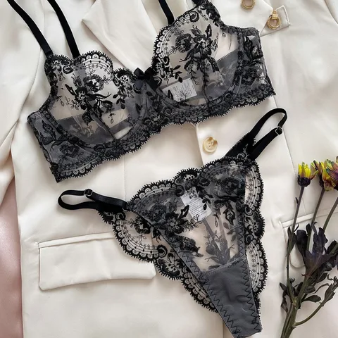 Women's Sexy Flower Sexy Lingerie Sets Home Honeymoon Sheer Bra Low Waist See-Through Sexy Lingerie