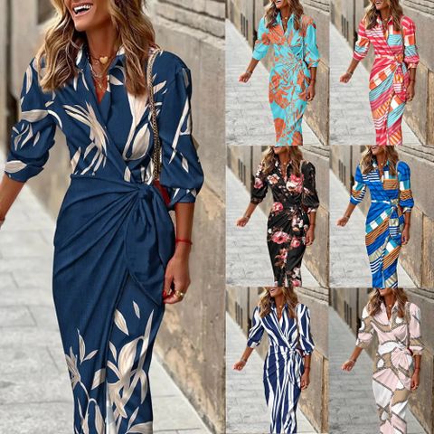 Women's Sheath Dress Casual Elegant Shirt Collar Printing Long Sleeve Color Block Maxi Long Dress Holiday Daily