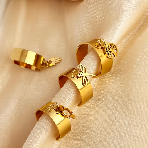 Wholesale Jewelry Retro Luxurious Simple Style Palm Tree Dragonfly 304 Stainless Steel 18K Gold Plated Hollow Out Charm Rings Open Rings