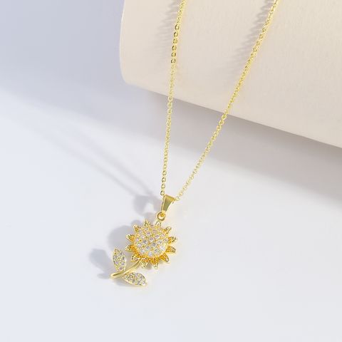 Copper Elegant Modern Style Classic Style Plating Inlay Sunflower Flower Zircon Pendant Necklace