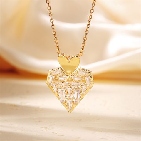 304 Stainless Steel Copper K Gold Plated Casual Modern Style Classic Style Three-dimensional Inlay Heart Shape Zircon Pendant Necklace