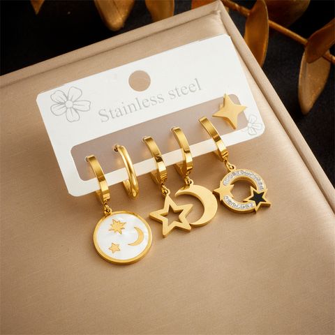 1 Set Cute Star Moon Asymmetrical 304 Stainless Steel 18K Gold Plated Drop Earrings