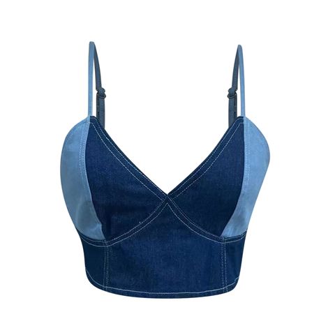 Women's Denim Vest Color Matching Sexy Sling Crop-top Short Top V-neck Small Sling