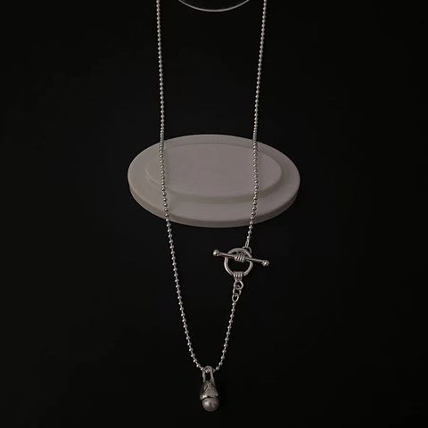 Sterling Silver Casual Inlay Round Pearl Pendant Necklace