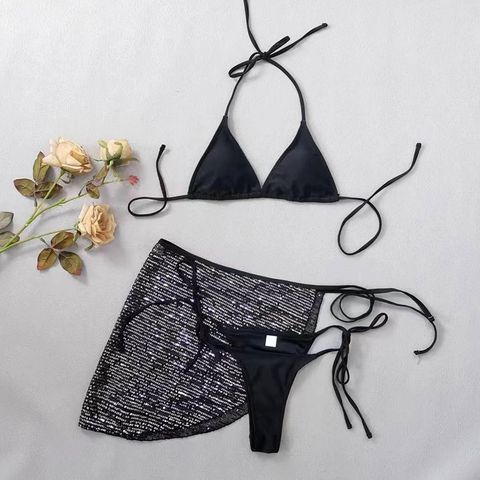 Women's Sexy Sequins Solid Color 3 Pieces Set Bikinis Swimwear