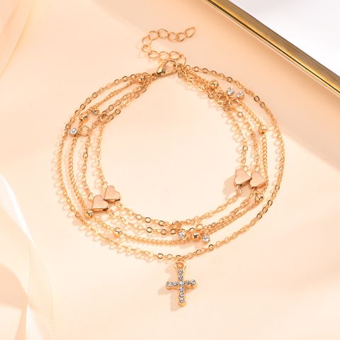 Wholesale Jewelry Beach Tropical Cross Heart Shape Alloy Zircon Rose Gold Plated Layered Inlay Anklet