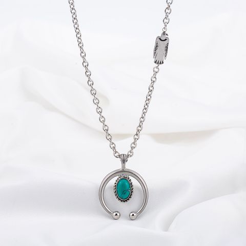 Wholesale Jewelry Hip-Hop Geometric Circle 304 Stainless Steel Turquoise Turquoise  Polishing Inlay Carving Pendant Necklace