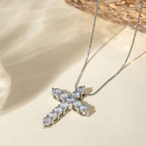 Wholesale Jewelry IG Style Cross 304 Stainless Steel Zircon Inlay Pendant Necklace