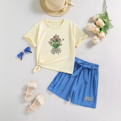 Casual Flower Polyester Girls Clothing Sets