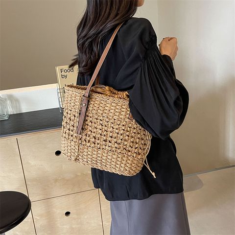 Women's Straw Geometric Basic Classic Style String Shoulder Bag Fashion Backpack