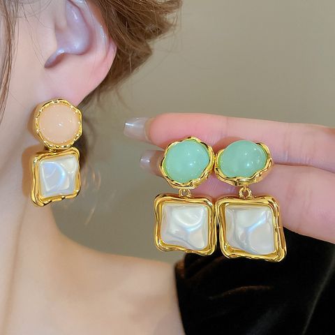 1 Pair Sweet Classic Style Square Inlay Copper Imitation Pearl Resin Drop Earrings
