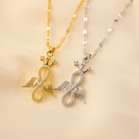 Wholesale Modern Style Classic Style Infinity Crown Wings Copper Inlay Gold Plated Rhinestones Pendant Necklace
