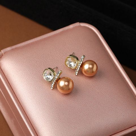 1 Pair Elegant Lady Geometric Round Inlay Artificial Pearl Zinc Alloy Rhinestones Drop Earrings