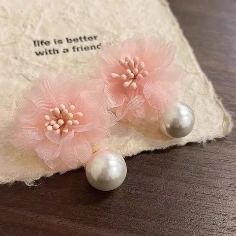 1 Pair IG Style Korean Style Flower Artificial Pearl Cloth Drop Earrings