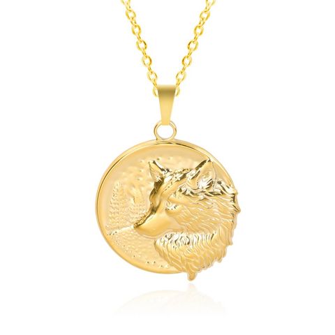 Wholesale Jewelry Casual Simple Style Round Wolf 304 Stainless Steel 18K Gold Plated Plating Pendant Necklace Necklace Pendant