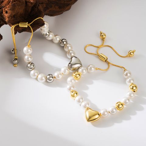 Copper 18K Gold Plated IG Style Simple Style Beaded Heart Shape Bracelets