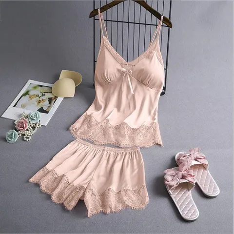 Home Elegant Sexy Lace Polyester Satin Pajama Sets