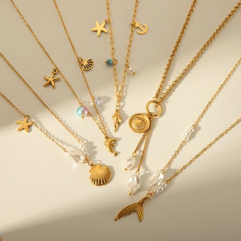Wholesale Jewelry Beach Commute Dolphin Shell Fish Tail 304 Stainless Steel Acrylic 18K Gold Plated Plating Inlay Pendant Necklace