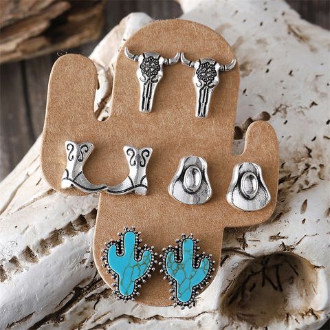 1 Set Cowboy Style Modern Style Classic Style Cactus Hat Boots Plating Inlay Zinc Alloy Turquoise Ear Studs