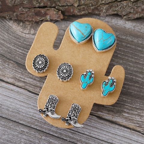 1 Set Cowboy Style Classic Style Cactus Heart Shape Boots Plating Inlay Zinc Alloy Turquoise Ear Studs