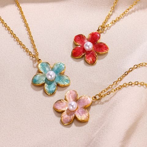304 Stainless Steel 18K Gold Plated Pastoral Simple Style Flower Artificial Pearls Pendant Necklace