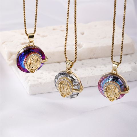 Wholesale Casual Vintage Style Artistic Portrait 304 Stainless Steel Copper Inlay K Gold Plated Crystal Pendant Necklace
