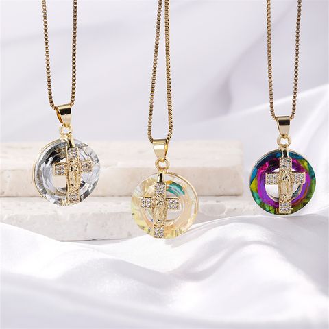 Wholesale Elegant Vintage Style Artistic Cross 304 Stainless Steel Copper Inlay K Gold Plated Crystal Pendant Necklace